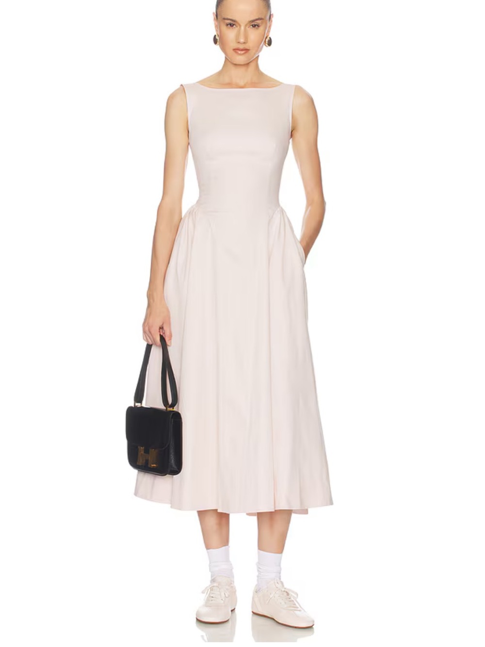 Helsa Stretch Cotton Sateen Midi Dress in Dusty Pink, XS S M